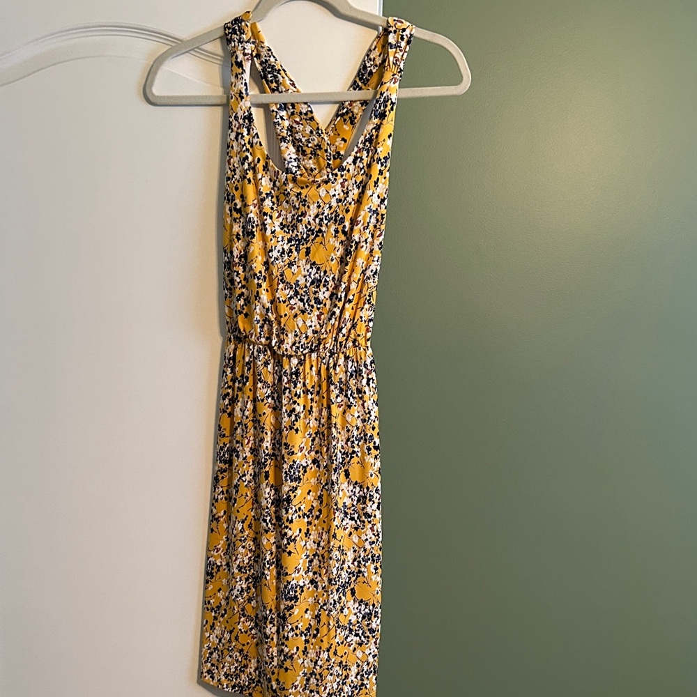 Kaileigh Yellow Floral Midi Dress with Navy & White Pattern